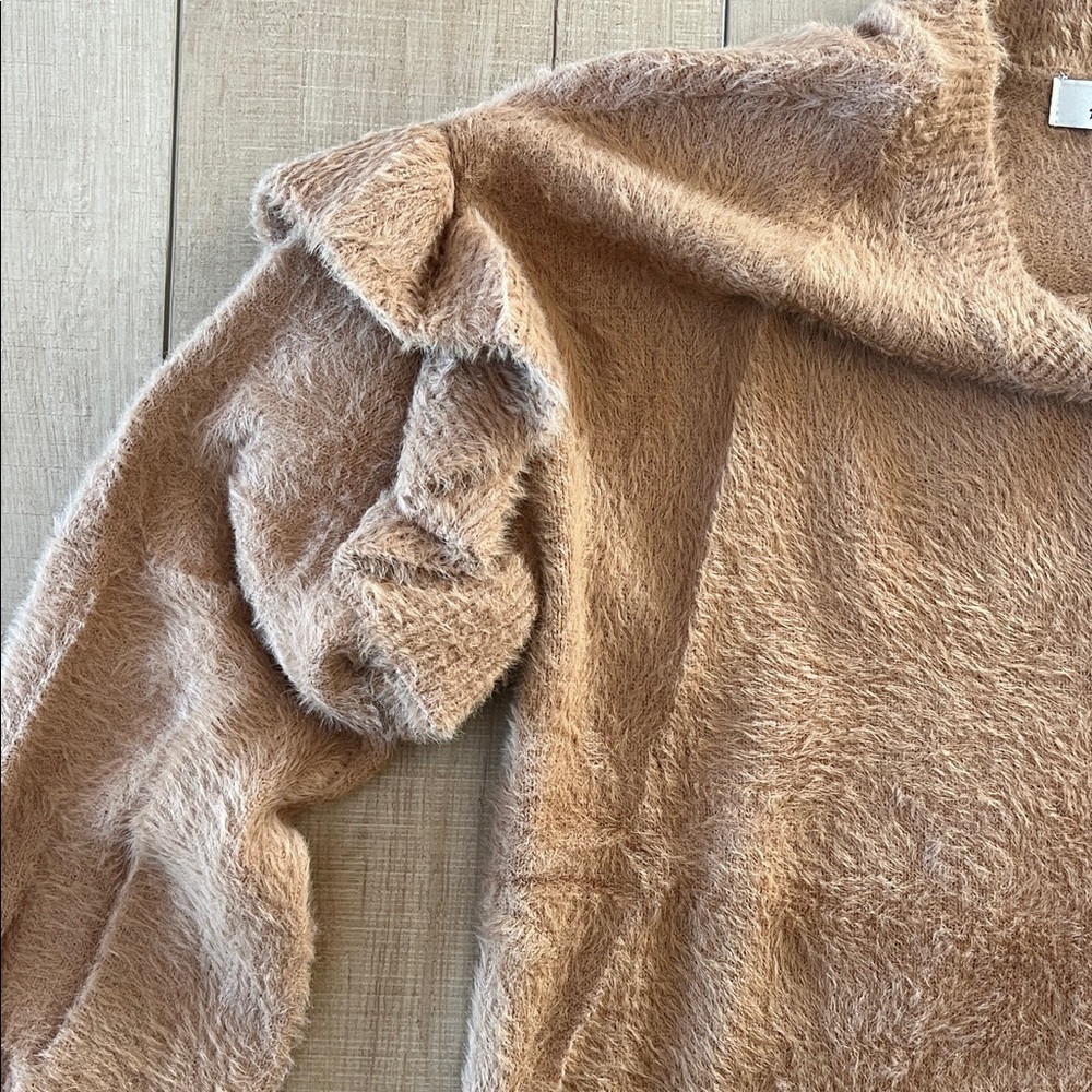 Fuzzy Brown Sweater with Ruffled Sleeves - Picture 3 of 4